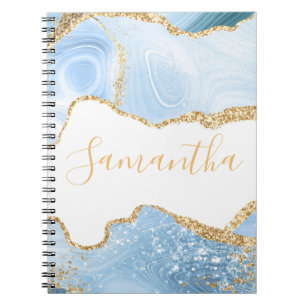 Baby Blue and Faux Gold Glitter Marble Agate Notebook