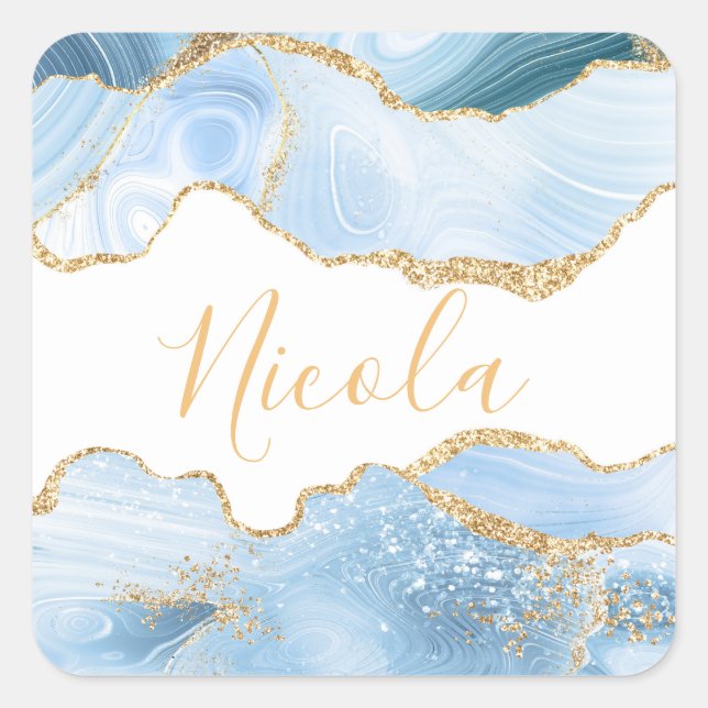 Baby Blue and Faux Gold Glitter Marble Agate Square Sticker (Front)