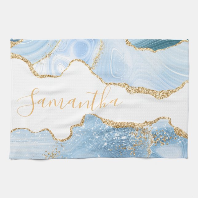 Baby Blue and Faux Gold Glitter Marble Agate Tea Towel (Horizontal)