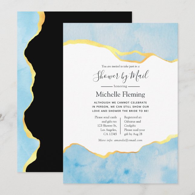 Baby Blue and Gold Agate Boy Baby Shower by Mail Invitation (Front/Back)