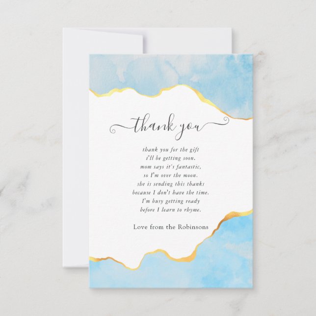 Baby Blue and Gold Agate Boy Baby Shower Thank You Card (Front)