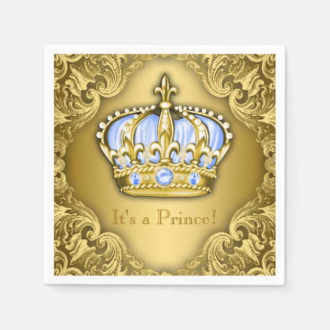 Baby Blue and Gold Crown Baby Shower Napkin (Front)