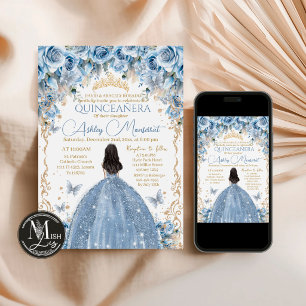 Baby Blue and Gold Floral Crown Quinceañera Invitation