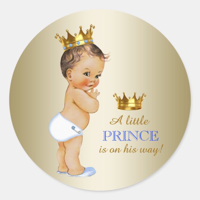 Baby Blue and Gold Prince Baby Shower Classic Round Sticker (Front)