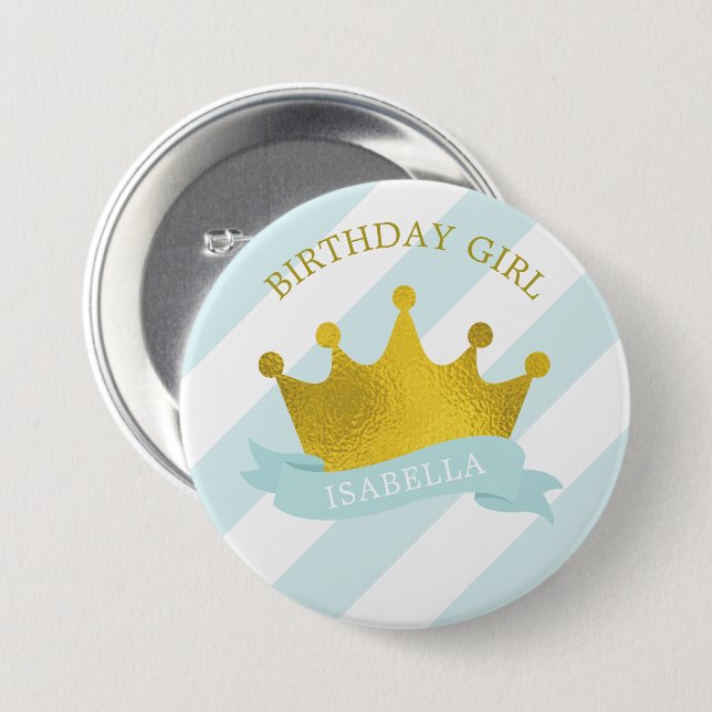 Baby Blue and Gold Tiara  "Birthday Girl" 7.5 Cm Round Badge (Front & Back)