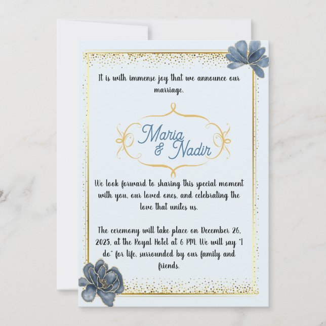 baby blue and golden wedding invitations (Front)