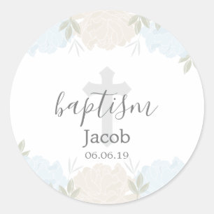 Baby Blue and Ivory Floral Baby Baptism Classic Round Sticker