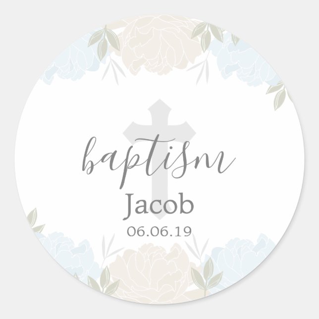 Baby Blue and Ivory Floral Baby Baptism Classic Round Sticker (Front)