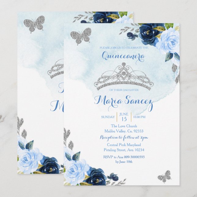 Baby Blue and Navy Butterfly Charra 15th Anos 3 Invitation (Front/Back)