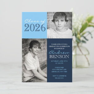Baby Blue and Navy Classic 2 Photo Graduation Invitation