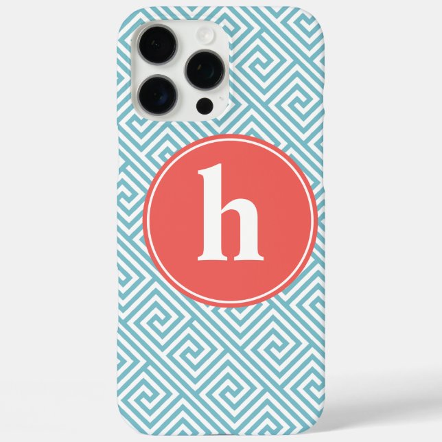 Baby Blue and Orange Greek Key Pattern Monogram Case-Mate iPhone Case (Back)