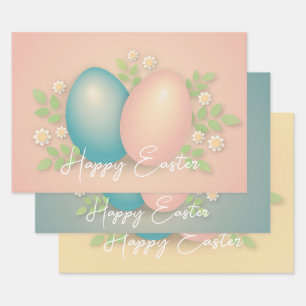 Baby blue and pink easter eggs and spring floral wrapping paper sheet