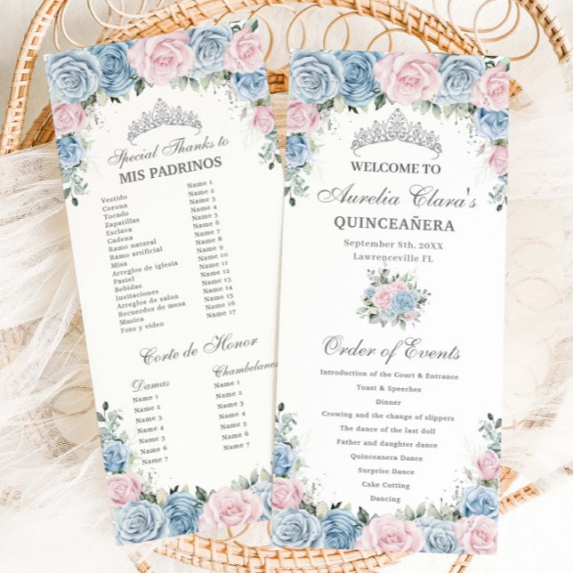 Baby Blue and Pink Floral Quinceañera Order Events Programme (Creator Uploaded)