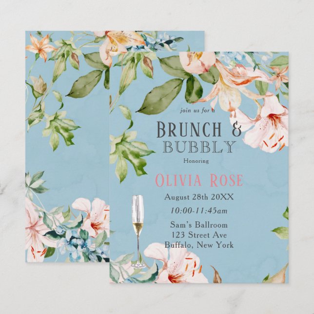 Baby Blue and Pink Lily Brunch & Bubbly Invitation (Front/Back)