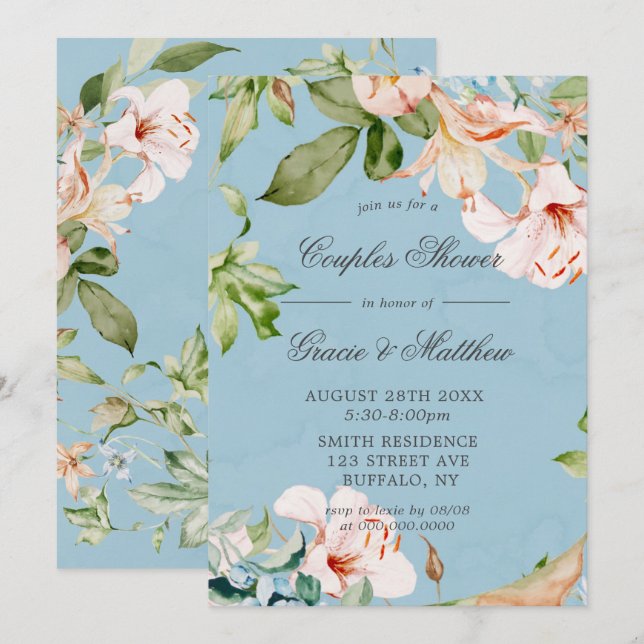 Baby Blue and Pink Lily Couples Shower Invitations (Front/Back)