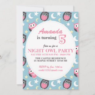 Baby Blue and Pink Owl Cartoon Birthday Invitation
