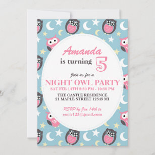 Baby Blue and Pink Owl Cartoon Birthday Invitation