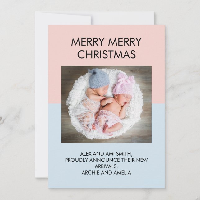 Baby Blue and Pink Twin Boy Girl Photo Christmas Announcement (Front)