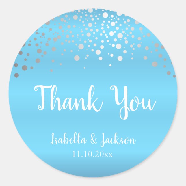Baby Blue and Silver Confetti Dots Classic Round Sticker (Front)