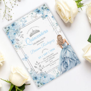 Baby Blue and Silver Floral Butterfly Quinceañera Invitation