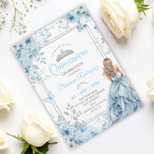 Baby Blue and Silver Floral Butterfly Quinceañera Invitation