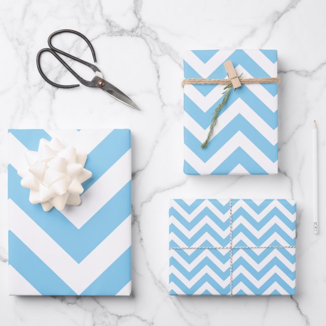 Baby Blue and White Different Sizes Chevron Wrapping Paper Sheet (Front)