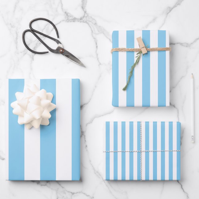 Baby Blue and White Different Sizes Vert. Stripes Wrapping Paper Sheet (Front)