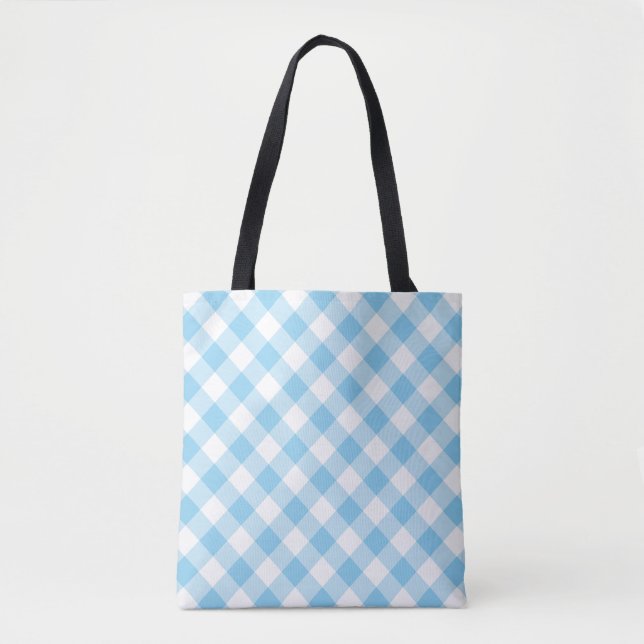 Baby Blue and White Large Diagonal Gingham Checks Tote Bag (Front)
