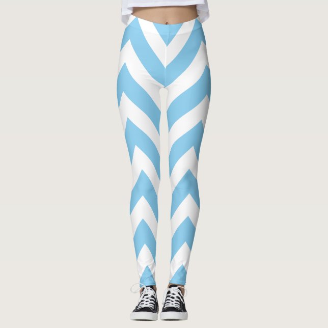 Baby Blue and White Large Size Chevron Leggings (Front)