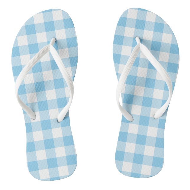 Baby Blue and White Large Size Gingham Checks Flip Flops (Footbed)