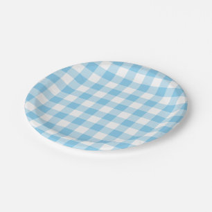 Baby Blue and White Large Size Gingham Checks Paper Plate
