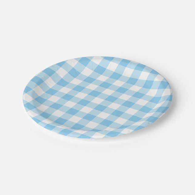 Baby Blue and White Large Size Gingham Checks Paper Plate (Angled)