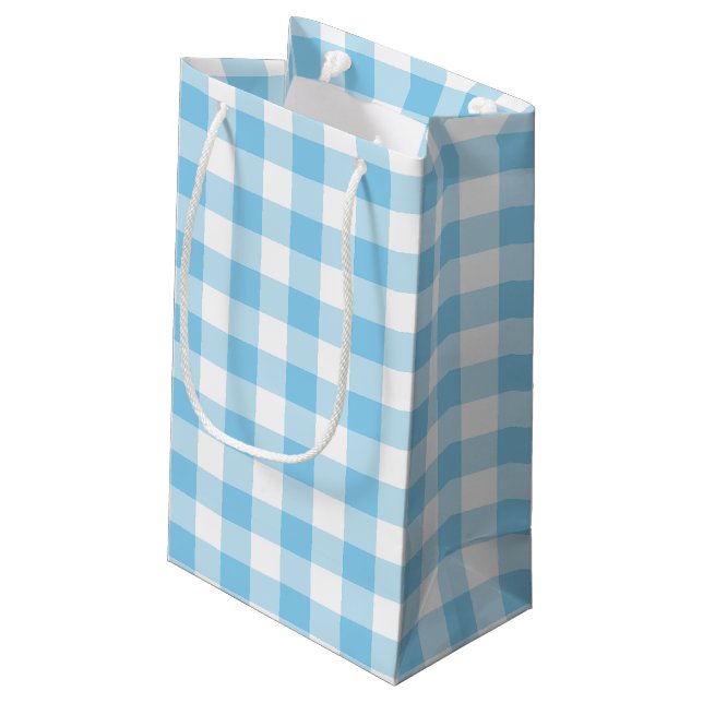 Baby Blue and White Large Size Gingham Checks Small Gift Bag (Back Angled)