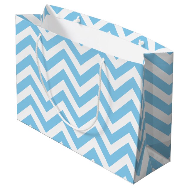 Baby Blue and White Large Size Horizontal Chevron Large Gift Bag (Back Angled)