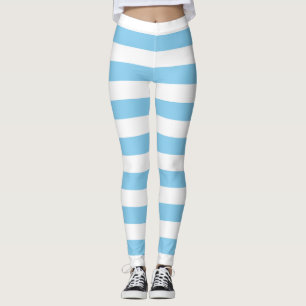Baby Blue and White Large Size Horizontal Stripes Leggings