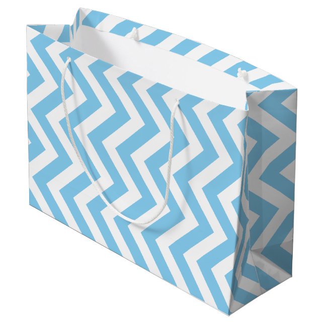 Baby Blue and White Large Size Vertical Chevron Large Gift Bag (Back Angled)