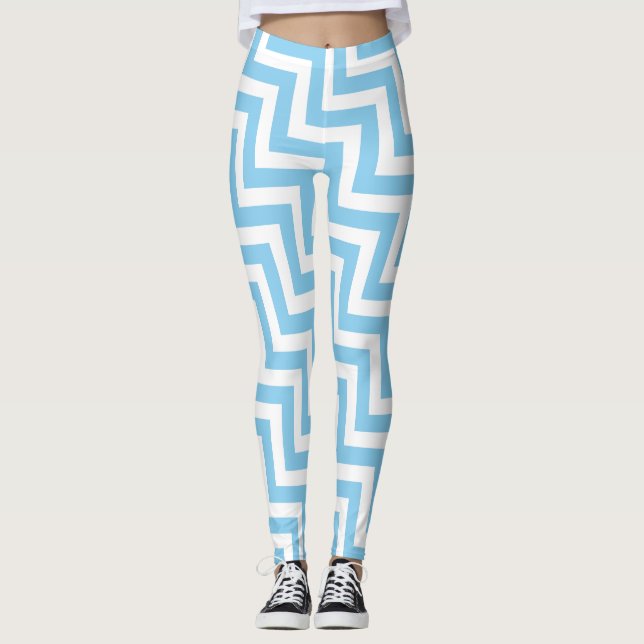Baby Blue and White Medium Size Diagonal Chevron Leggings (Front)