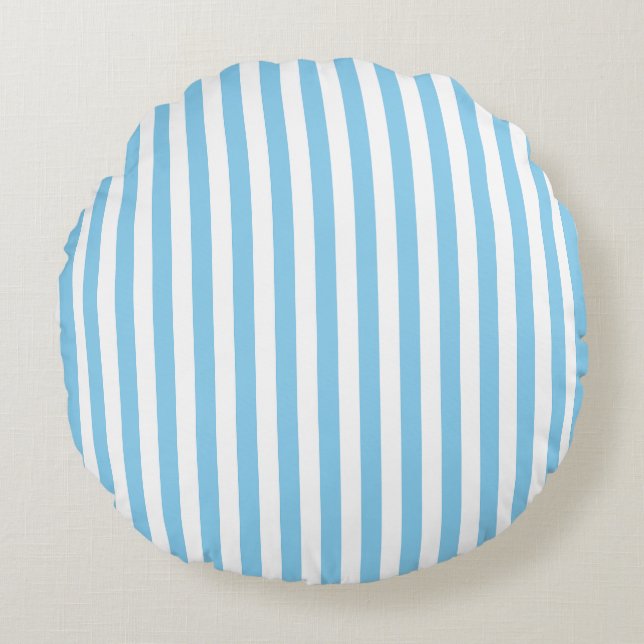 Baby Blue and White Medium Size Stripes Round Cushion (Front)
