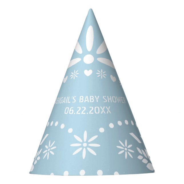 Baby blue and white papel picado baby boy shower party hat (Front)