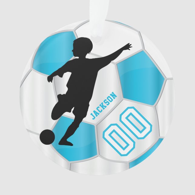 Baby Blue and White Personalise Boy Soccer Player Ornament (Front)