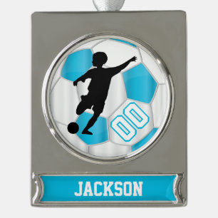 Baby Blue and White Personalise Boy Soccer Player Silver Plated Banner Ornament