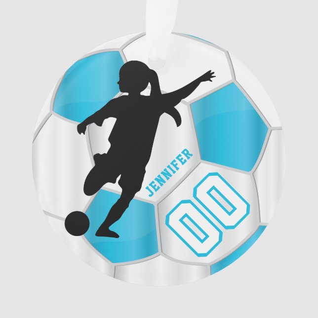 Baby Blue and White Personalise Girl Soccer Player Ornament (Front)