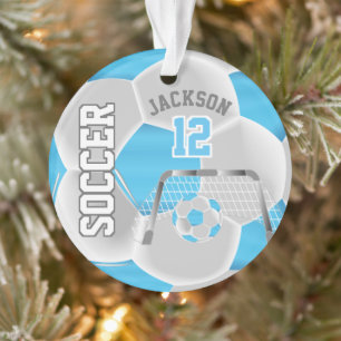 Baby Blue and White Personalise ⚽ Soccer Ball Ornament