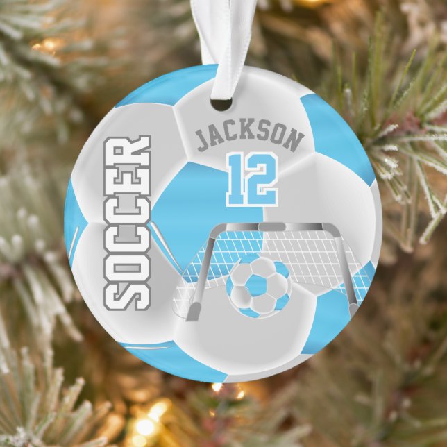 Baby Blue and White Personalise ⚽ Soccer Ball Ornament (Tree)