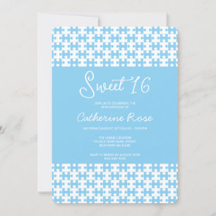 Baby Blue And White Puzzle Chequered Sweet 16 Invitation
