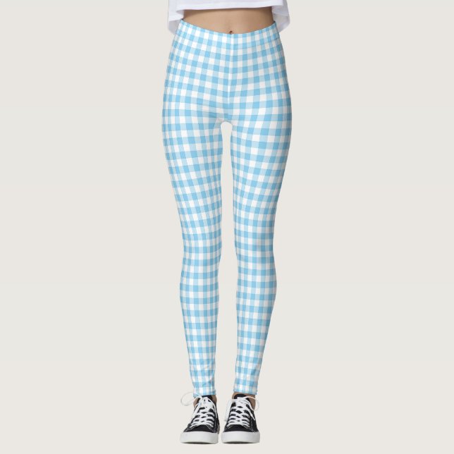 Baby Blue and White Small Size Gingham Checks Leggings (Front)