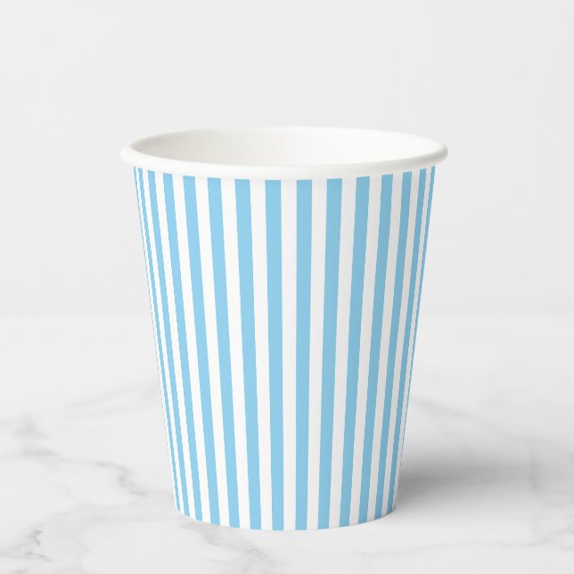 Baby Blue and White Small Size Vertical Stripes Paper Cups (Front)