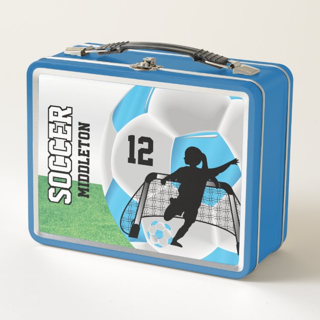 Baby Blue and White Soccer Ball - Soccer Girl Metal Lunch Box (Front)
