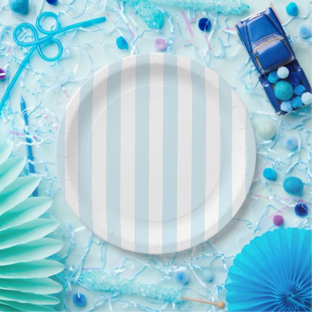 Baby blue and white striped paper plates (Party)