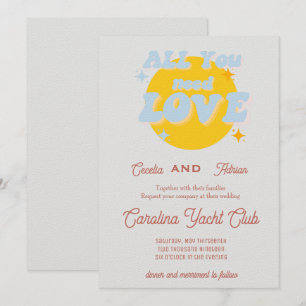 Baby Blue and Yellow Retro Wedding Invitation
